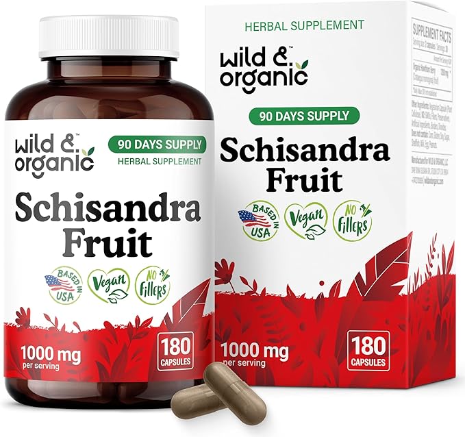 Wild &amp Organic Schisandra Extract Capsules 1000 mg - Mood &amp Relaxation Support - Natural Schisandra Supplement - Vegan No Fillers Non-GMO - 180 Count