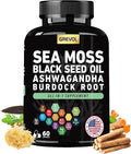 Sea Moss Black Seed Oil Ashwagandha Bladderwrack Burdock Root Turmeric &amp Vitamin C D3 Elderberry ACV Black Pepper - Multimineral Supplement - 60 Count