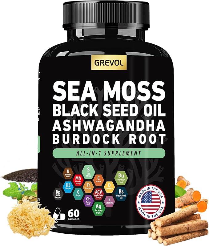 Sea Moss Black Seed Oil Ashwagandha Bladderwrack Burdock Root Turmeric &amp Vitamin C D3 Elderberry ACV Black Pepper - Multimineral Supplement - 60 Count