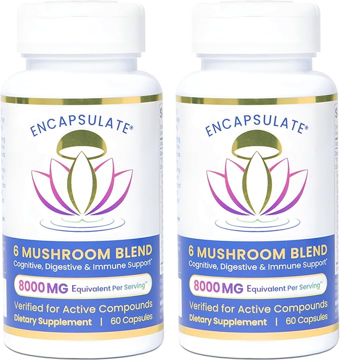 ENCAPSULATE 6 Mushroom Blend – Reishi Chaga Turkey Tail Cordyceps Lion’s Mane &amp Shiitake 8:1 Mushroom Extract – Nootropic &amp Adaptogen Mushroom Supplement for Gut Brain &amp Immune Suppor