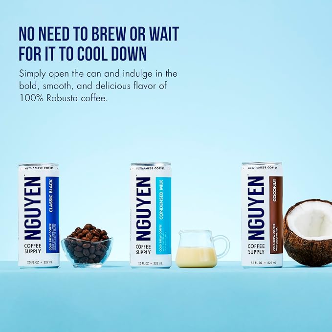 Nguyen Coffee Supply - Variety Pack: Vietnamese Cold Brew Iced Coffee (Condensed Milk Coconut Classic Black) 100% Robusta 7.5 fl oz cans [6 Pack]