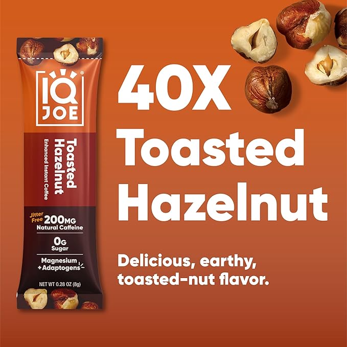 IQJOE Mushroom Coffee Packets (40 Servings) Lion’s Mane Magtein Magnesium Antioxidants Adaptogens - Toasted Hazelnut - Instant Coffee for Focus Clarity Mood Energy Boost - Sugar Free Vegan
