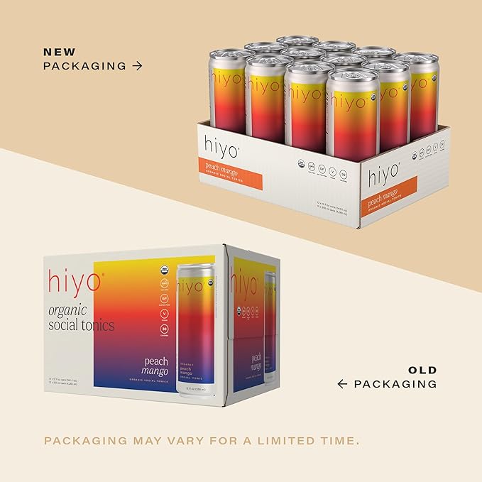 Hiyo Organic Social Tonic - Peach Mango 12 Pack - N.A. Functional Seltzer Sparkling Water Crafted with Organic Adaptogens Nootropics &amp Botanicals