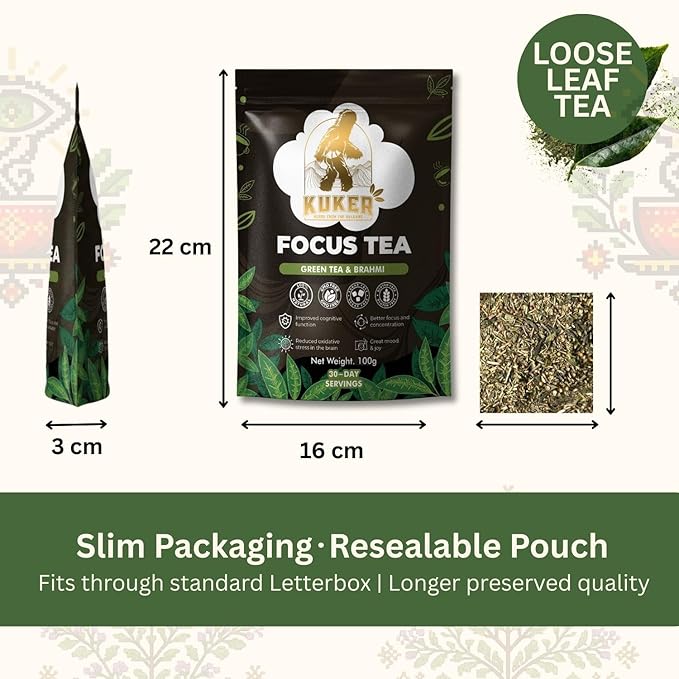 KUKER Focus Tea Loose Leaf 100g – Ashwagandha Brain Boost Herbal Mix with Green Tea Brahmi Ashwagandha &amp Rosemary – Natural Nootropic for Mental Clarity &amp Concentration