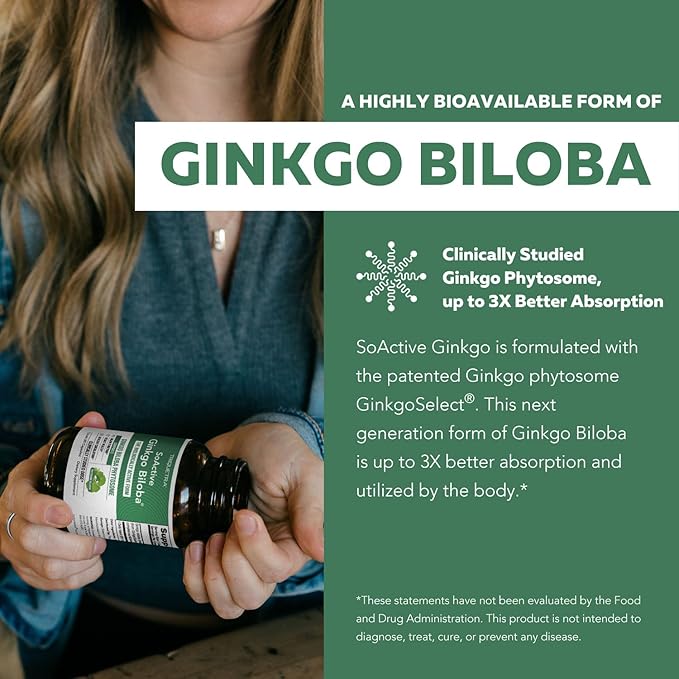 SoActive Ginkgo Biloba with GinkgoSelect® Phytosome | Clinically Studied Enhanced Absorption for Brain Heart &amp Memory Support – 180 mg – Helps Maintain Circulation &amp Cognitive Health (60 Caps