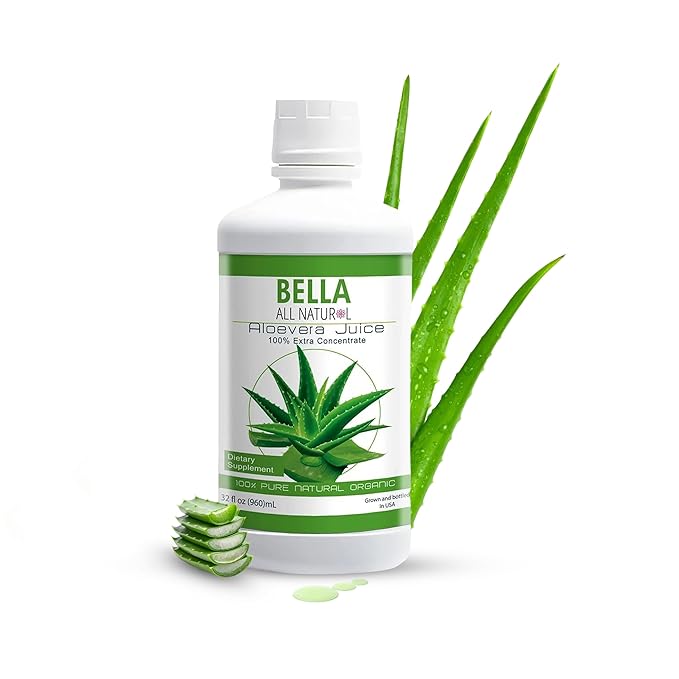 Bella all Natural Aloe Vera Juice 32 Fl Oz - Organic Aloe Vera Juice for Hair Growth Skin &amp Stomach Health - Pure Aloe vera drink for Reducing Digestive Support &amp Glowing Skin.