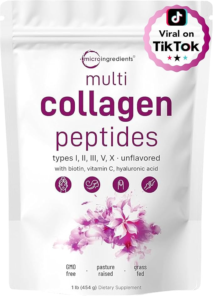 Micro Ingredients Multi Collagen Protein Powder 16oz &amp Lions Mane Supplement 240 Veggie Capsules Bundle 2 Pack | Grass-Fed Collagen Peptides | Superfood Mushroom Antioxidants with L-Ergothioneine