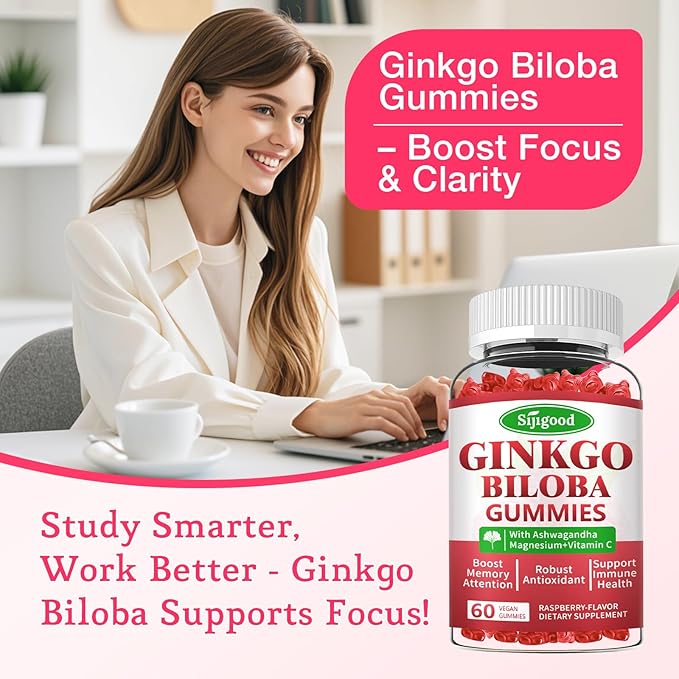 2 Pack Ginkgo Biloba Gummies with Panax Ginseng and Magnesium Ginkgo Biloba Supplements for Focus Memory and Brain Health for Adults &amp Kids Vegan Raspberry Flavor Gummies 120 Count