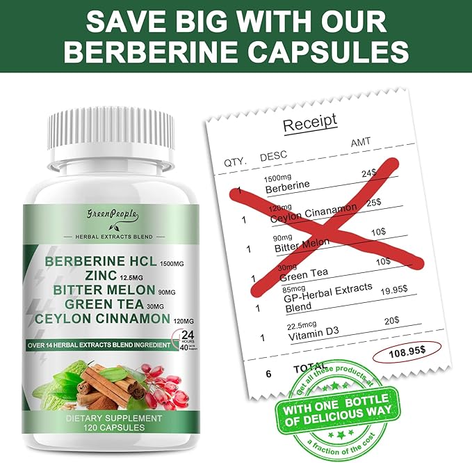 GREENPEOPLE Berberine Supplement with Ceylon Cinnamon - 120 Count Berberine 1500mg Activates AMPK &amp GLP-1 Berberina HCL with Bitter Melon &amp Natural Herbs for Immune Support/Energy