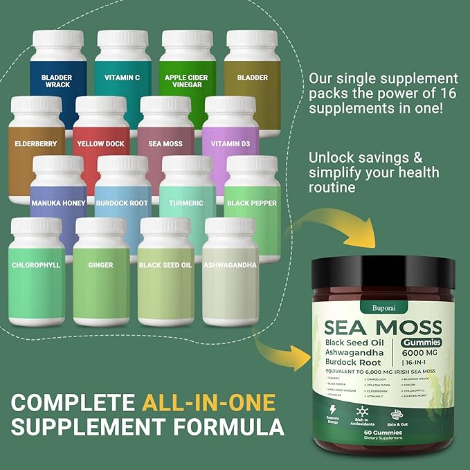 Sea Moss Gummies 16-1 Black Seed Oil Ashwagandha Turmeric Bladder Wrack Vitamin C Vitamin D3 Elderberry Manuka Dandelion Yellow Dock Apple Cider Vinegar for Men &amp Women