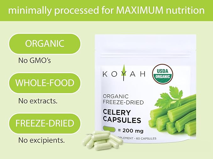 KOYAH - Organic Celery Capsules – 200 mg Freeze-Dried Whole-Stalk Powder (Equals 4200 mg Fresh) – 150 Vegan Capsules – No Binders or Fillers – USDA Organic Non-GMO Gluten-Free