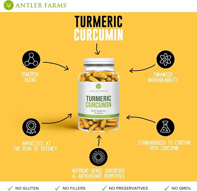 Antler Farms – 100% Pure Turmeric Curcumin 130 Capsules 95% Curcuminoids &amp Black Pepper Extract Enhanced Absorption – Vegan Non GMO No Gluten Soy or Dairy