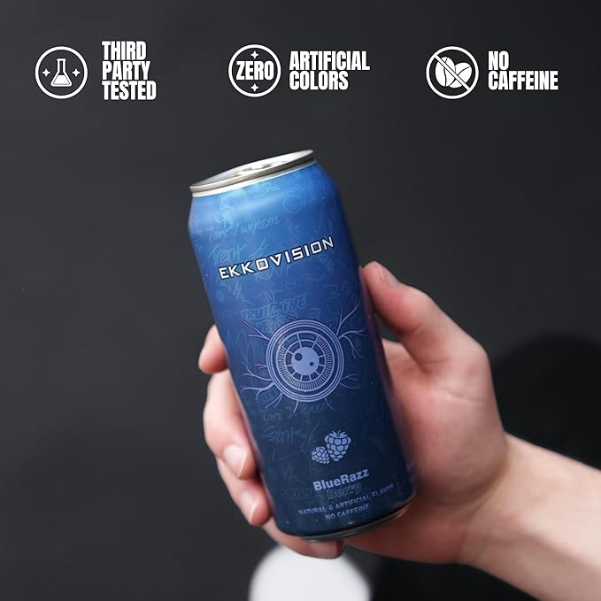 Ekkovision Energy Drink Blue Razz Caffeine Free Coconut Water L Theanine Alpha Gpc &amp L Tyrosine For Balanced Energy Electrolytes &amp Smooth Hydration 16 Fl Oz Can 12 Pack