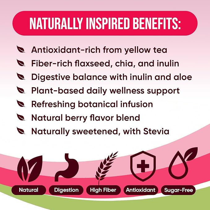 Fiber Plus – Digestive Support Tea Blend with Yellow Tea Flaxseed Chia &amp Aloe Vera. Natural Fiber &amp Herbal Infusion with Strawberry BlackBerry &amp Beetroot. Stevia Sweetened - 30 Servings