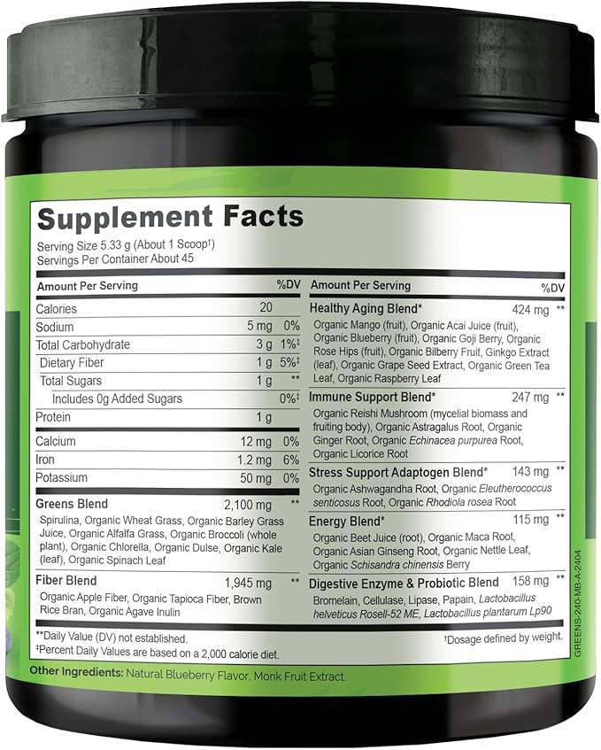 NATURELO Raw Greens Superfood Powder 240 Grams Mixed Berry - Supports Energy Immunity and Detox - Includes Spirulina Wheat Grass and Organic Greens for Whole Food Nutrition