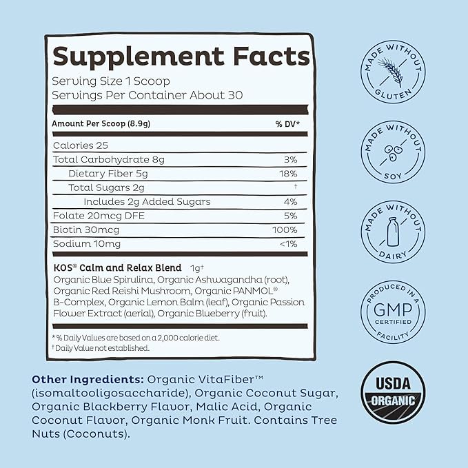 KOS Calming Blue Spirulina Blend- USDA Certified Organic - Algae Superfood Powder with Ashwagandha Root Lemon Balm Reishi Mushroom B Vitamins - Berry Coconut Cooler Flavor 28 Servings