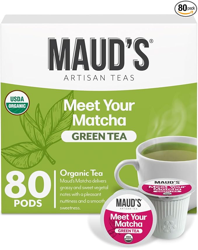 Maud's Organic Matcha Green Tea Pods 80 ct Single Serve Tea Pods – 100% Gourmet Blended Tea Leaves Compatible with Keurig K Cups Maker