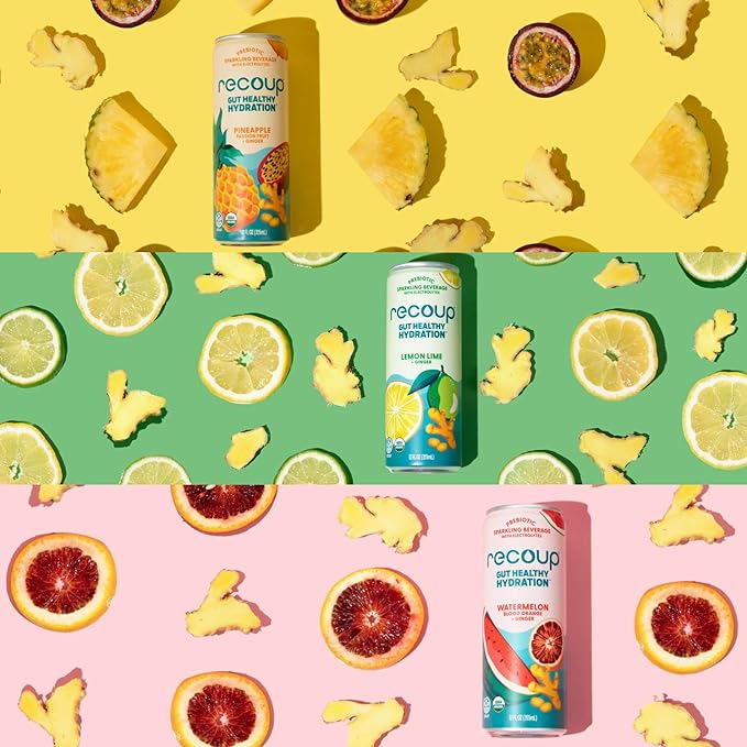 Recoup Organic Sparkling Prebiotic Drink - Ginger with Electrolytes for Gut Health Support &amp Hydration No Added Sugar ((Pack of 12) Watermelon Blood Orange + Ginger)