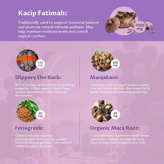 Vaginal Moisturizer Kacip Fatimah 1000mg &amp Manjakni 200mg for Female Intimate Health Slippery Elm for Women Vegan 60 Capsules