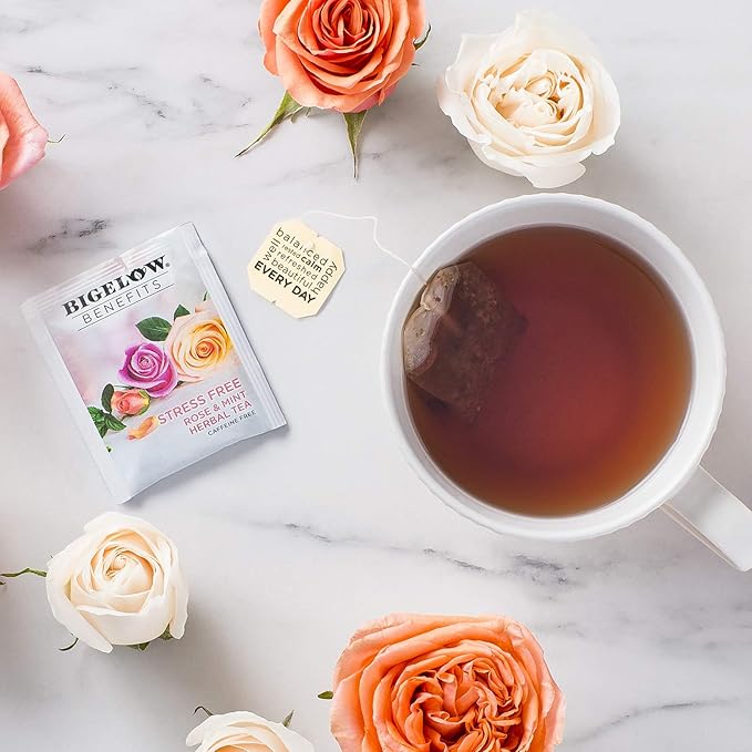 Bigelow Benefits Stress Free Rose &amp Mint Herbal Tea Caffeine Free 18 Count (Pack of 6) 108 Total Tea Bags