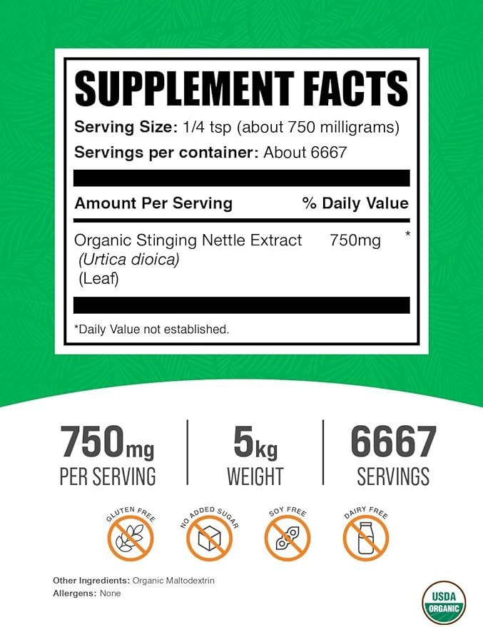 BulkSupplements.com Organic Stinging Nettle Extract Powder - Nettle Leaf Extract Herbal Supplement - Vegan &amp Gluten Free 750mg per Serving 1kg (2.2 lbs) (Pack of 5)