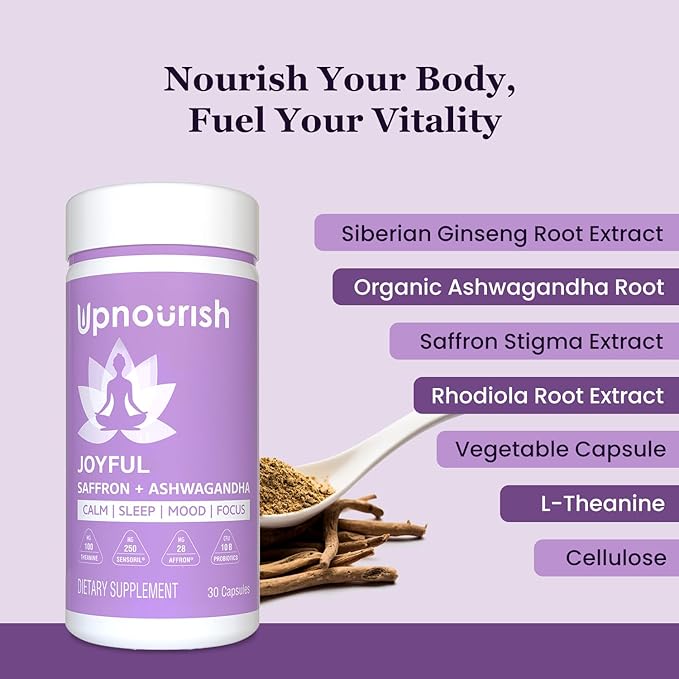 UpNourish Organic Ashwagandha Saffron Supplements with Probiotics - Stress Relief Mood Enhancer Calm Happy Pills Support Fatigue Focus Clarity with L-Theanine Rhodiola 30 Vegan Capsules