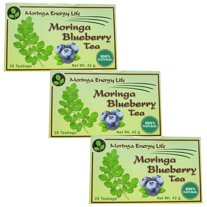 Moringa Blueberry Tea 28 tea bags (Keto Detox Paleo Vitamin &amp Minerals Booster Vegan Gluten-Free Non-GMO Caffeine-Free) (3-pack)