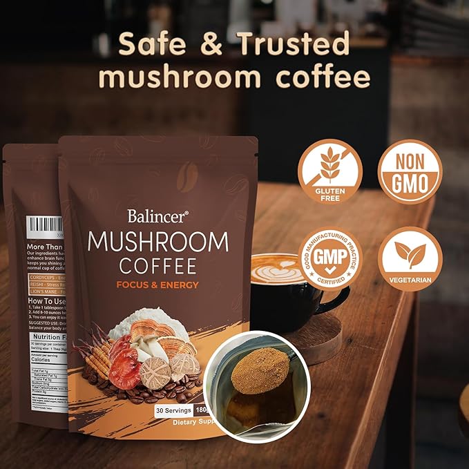 Mushroom Coffee 6 Adaptogenic Mushrooms with Lion's Mane Cordyceps Turkey Tail &amp More Instant Mushroom Coffee for Focus Energy Immune &amp Digestion Support