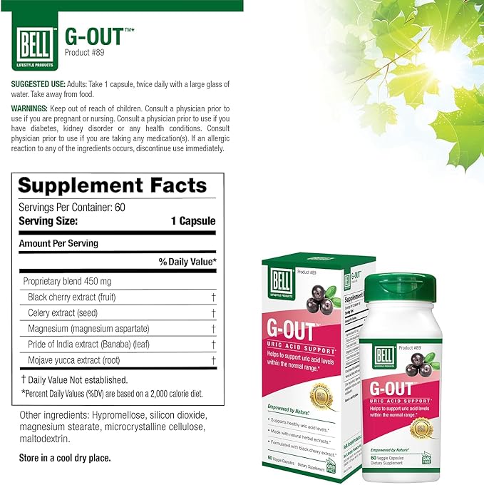 Bell G-Out Uric Acid Cleanse | Recommended for Gout - A Unique Blend of Herbal Extracts That Helps Maintain Uric Acid Levels Within The Normal Range Uric Acid Relief Uric Acid Flush| 60 Capsules