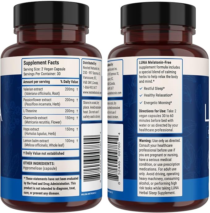 Nested Naturals Luna Sleep Supplement Melatonin Free Non-Habit Forming Herbal Sleep Supplement Adult Bedtime Support Help Sleeping w/Chamomile Valerian L-Theanine 60 Vegan Capsules