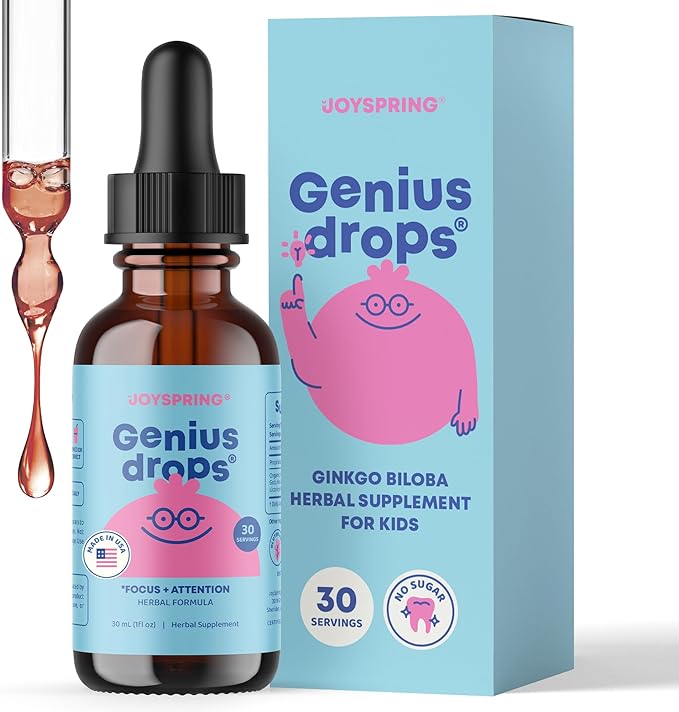 JoySpring Genius Drops for Kids | Clinically Proven Focus Supplement | Liquid Herbal Focus Supplement with Ginkgo Biloba for Kids (1 fl oz) 30 Servings