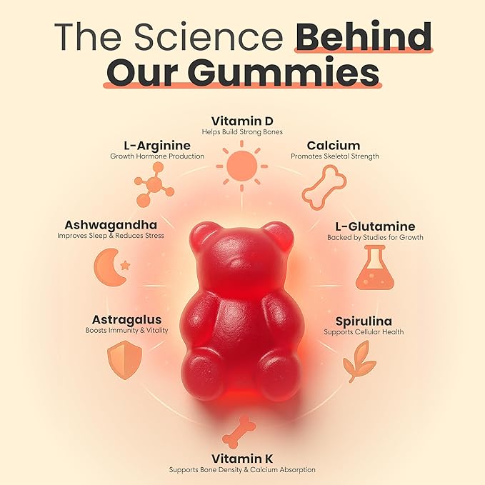 Talltitude Growth Gummies - Natural Height Support &amp Bone Strength Supplement for Kids &amp Teens with Vitamin D Calcium Ashwagandha L-Arginine - 60 Gummies