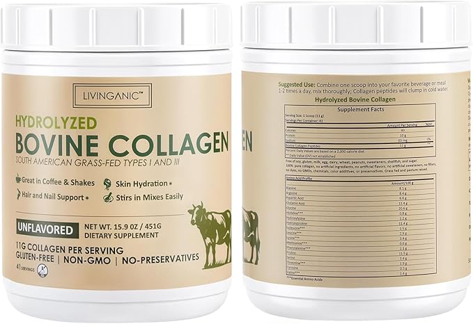 Collagen Peptides Powder Unflavored 15.9oz Hydrolyzed Bovine Collagen 41 Servings Types I &amp III Grass-Fed Pasture-Raised Protein Zero Sugar Supplement