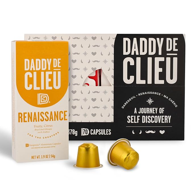 Daddy De Clieu Renaissance Coffee Pods (Sweet &amp Balanced Brazil and Ethiopia 100% Arabica Blend) Compatible with Nespresso Original Line Machines Recyclable Aluminum Capsules 70 Count