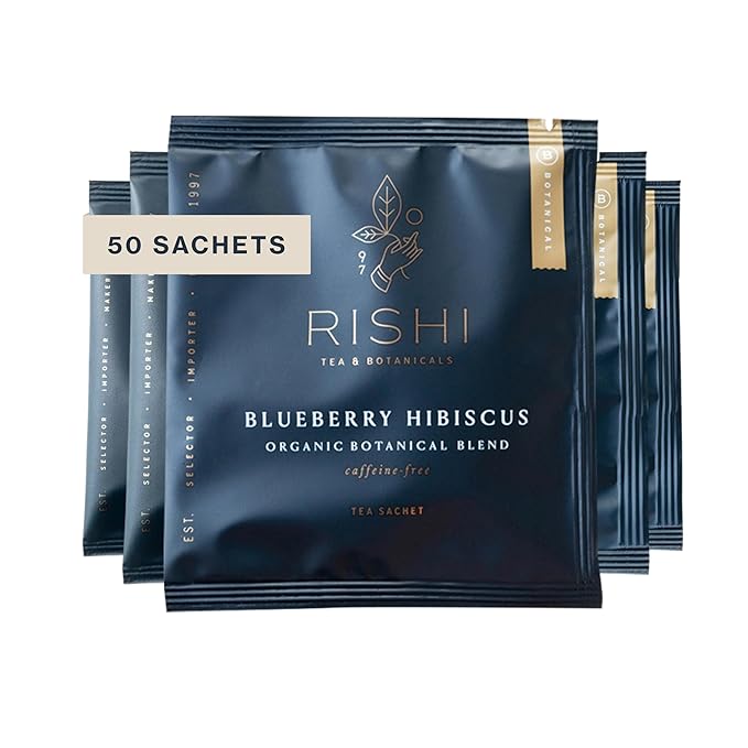 Rishi Tea Blueberry Hibiscus Herbal Tea - Organic Caffeine Free Sachet Bags Sweet &amp Tangy with Antioxidants Enjoy Hot or Iced - 50 Count