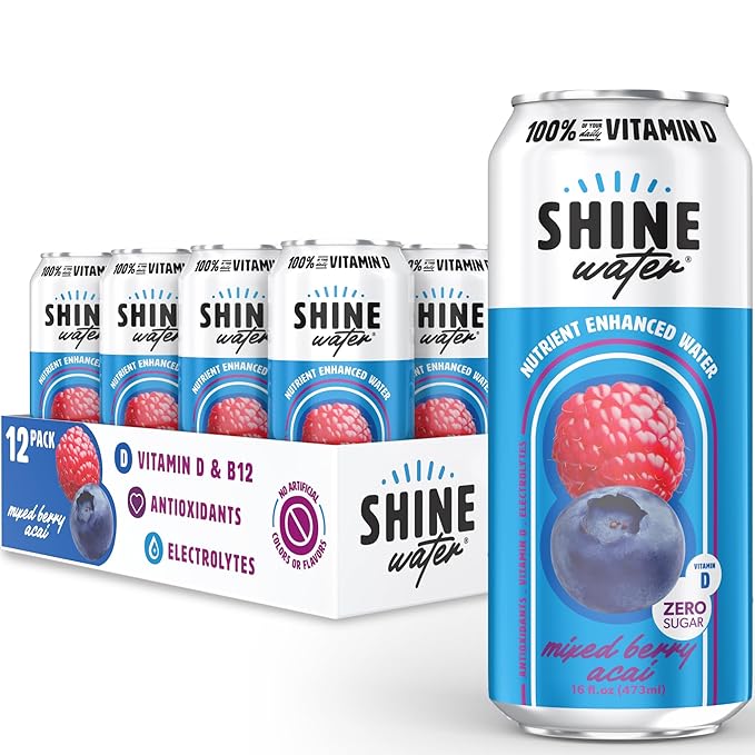 Shine Water Mixed Berry Acai Vitamin D Electrolyte Drink | Zero Sugar Hydration Beverage with Magnesium Zinc &amp Antioxidants | Low Calorie Plant-Based Vitamin Water | 12 Pack