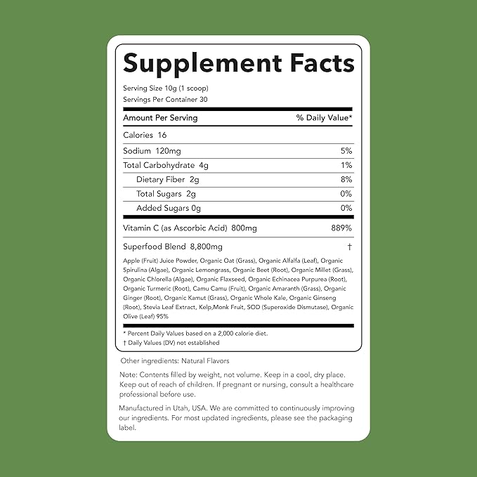 Clean Simple Eats Super Greens Powder Naturally Flavored Greens Powder with Chlorella Spirulina Superfoods &amp Prebiotic Fiber No Artificial Ingredients Gluten Free Classic Greens Flavor 30 S