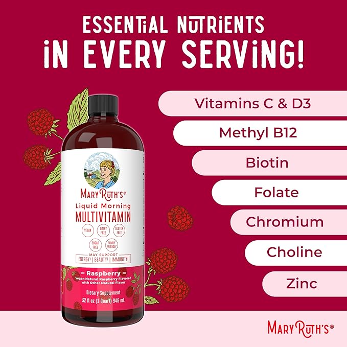 MARYRUTH'S Liquid Morning Multivitamin for Women Men &amp Kids | Vitamin A C D E B6 B12 Biotin Zinc | Beauty | Vegan | Non-GMO | Gluten Free | 32 Servings