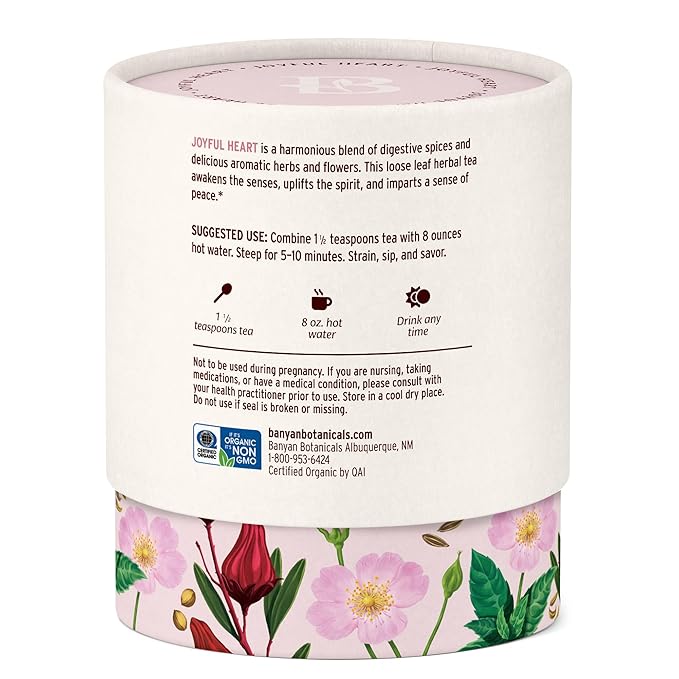 Banyan Botanicals Joyful Heart CCF Tea Loose Leaf Organic Herbal Tea Uplifting and Aromatic with Hibiscus Tulsi and Rose 1.5 oz. Non-GMO Sustainably Sourced