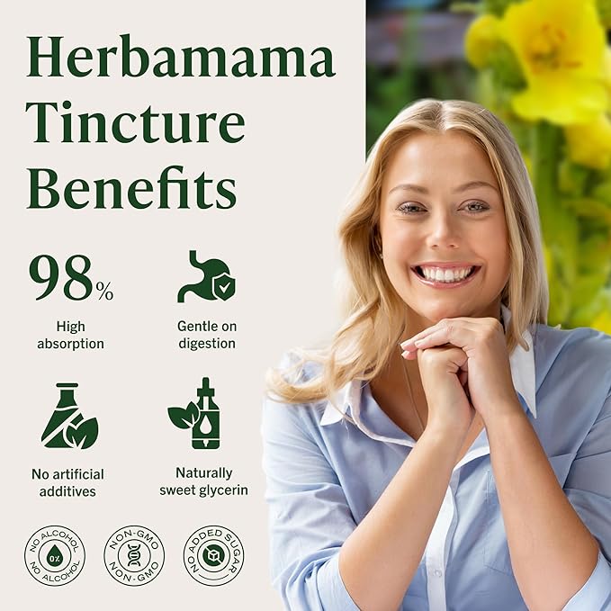 HERBAMAMA Mullein Drops for Lungs - Vegan Lung Cleanse with Mullein Leaf Extract Echinacea Tincture &amp Licorice - Non-GMO Alcohol &amp Sugar-Free Respiratory Support Supplement - 28-Day Supply