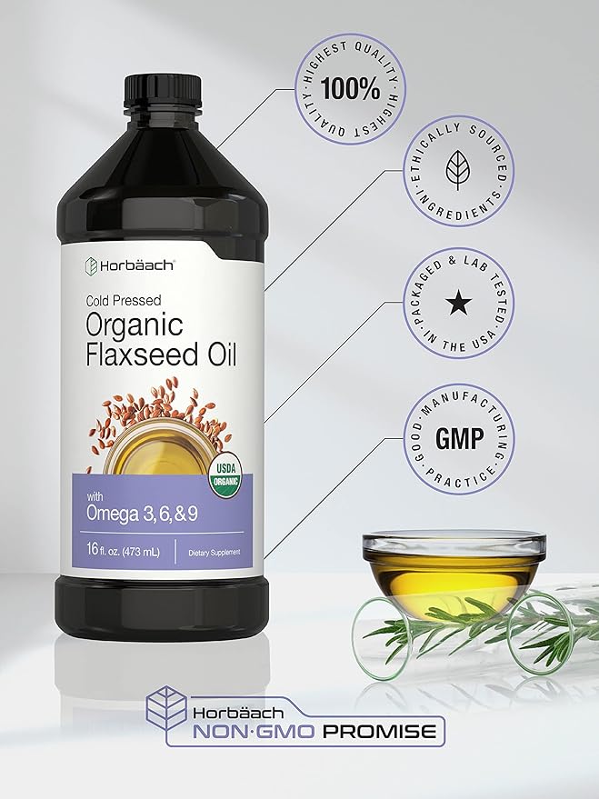 Horbäach Organic Flaxseed Oil | 3 Pack | 16 fl oz Each | Cold Pressed | with Omega 3 6 9 | Vegetarian Non-GMO Gluten Free Liquid