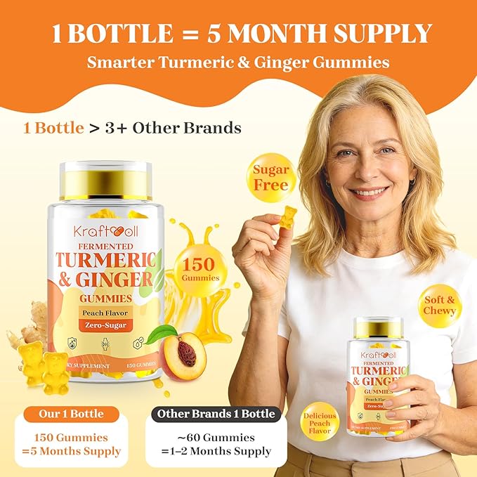 Turmeric and Ginger Gummies with Black Pepper Fermented Turmeric for Joint Comfort &amp Mobility Sugar-Free with Vitamin D3 + K2 Natural Peach Flavor – 150 Gummies