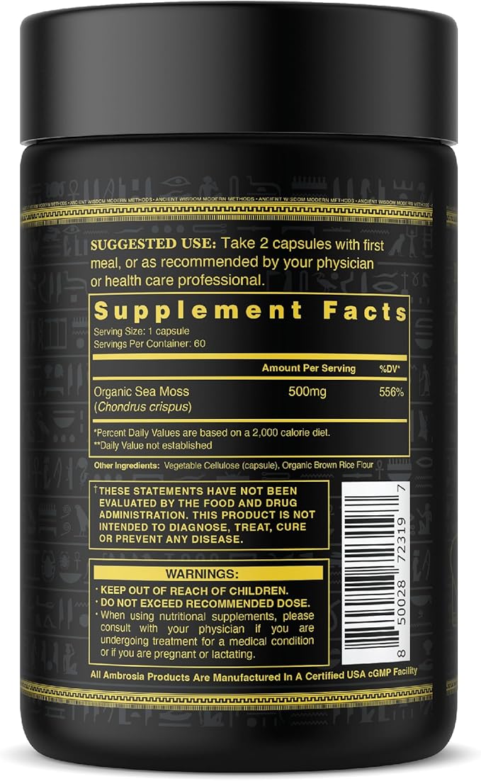 Ambrosia Irish Sea Moss Capsules | High Dose 500 mg/Serving | Made with Organic Sea Moss | Veggie Capsules