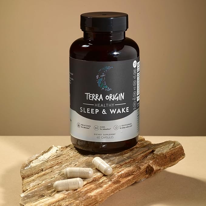 TERRA ORIGIN Healthy Sleep &amp Wake | Natural Sleep Aid Supplement for Adults | Restful and Awake Refreshed | GABA L-Tryptophan Melatonin Chamomile Valerian PassionFlower | 60 Capsules