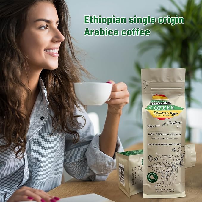 KIAA Ethiopian Premium Ground Coffee Medium Roast - 12oz 100% Organic Arabica Full-Bodied Bold Flavor Rich &amp Smooth Perfect for Espresso French Press &amp Drip Brewing Freshly Roasted