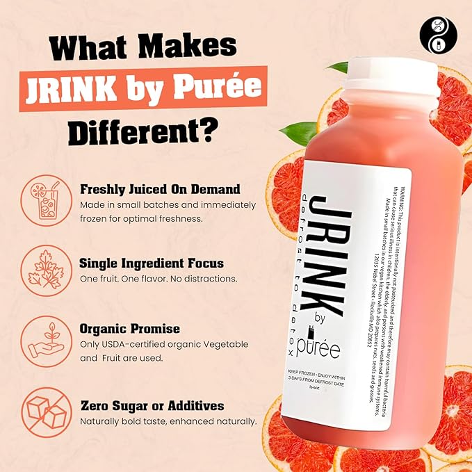 JRINK by Purée Organic Grapefruit Juice Cold Pressed Raw Fruit Cleanse Healthy Detox with No Preservatives Organic Juice Cleanse in HDPE Bottles Grape Citrus Beverage 16oz Pack of 12