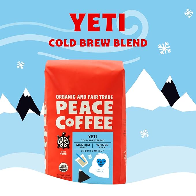 Peace Coffee Yeti Cold Brew Blend | 20 oz Medium Roast Whole Bean | Organic Fair Trade | Smooth Rich Flavor | Shade Grown Fresh Roasted