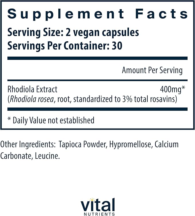 Vital Nutrients Rhodiola Rosea - Rhodiola Supplement for Healthy Energy Memory and Stress Support - Gluten Dairy Soy Free - Non-GMO - 60 Capsules