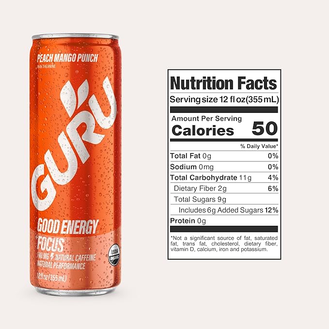 GURU Peach Mango Punch Organic Energy Drinks Clean Energy Drink with Plant Based Natural Caffeine from Green Tea + Focus with L Theanine Gluten Free and Vegan 140MG Caffeine 12oz (Pack of 12)