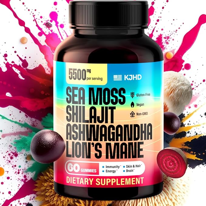 KJHD 2 Pcs Shilajit Ashwagandha Gummies with Sea Moss Beet Root Lion’s Mane Mushroom &amp Black Seed Oil – Organic Herbal Superfood Supplement – 120 Vegan Gummies